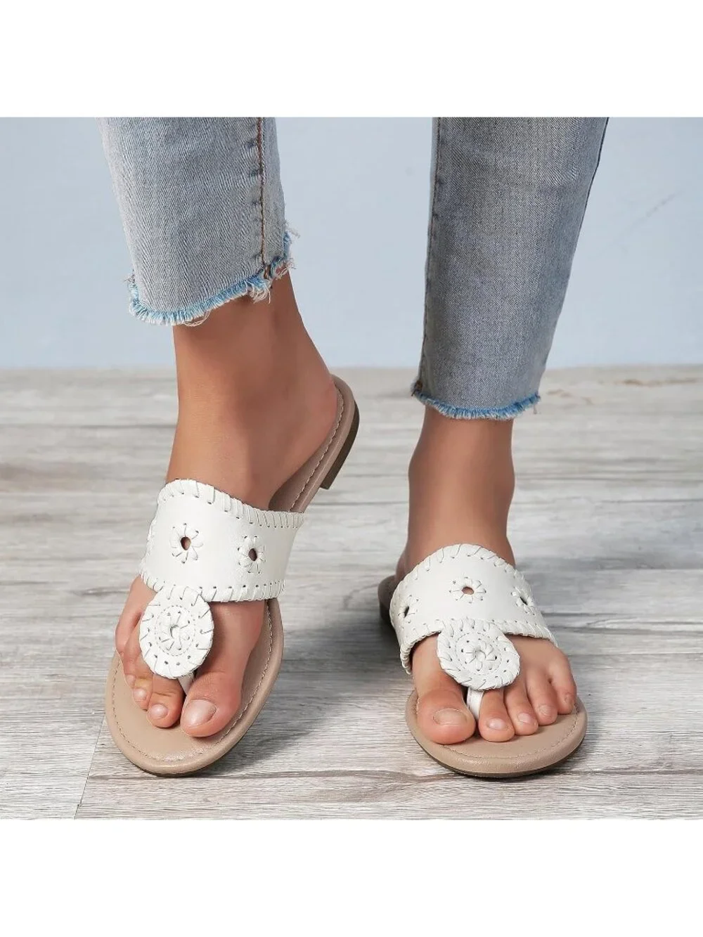 Women's White Flats Wide Band Flip Flops Cushioned Insole Summer Brunch Sandals